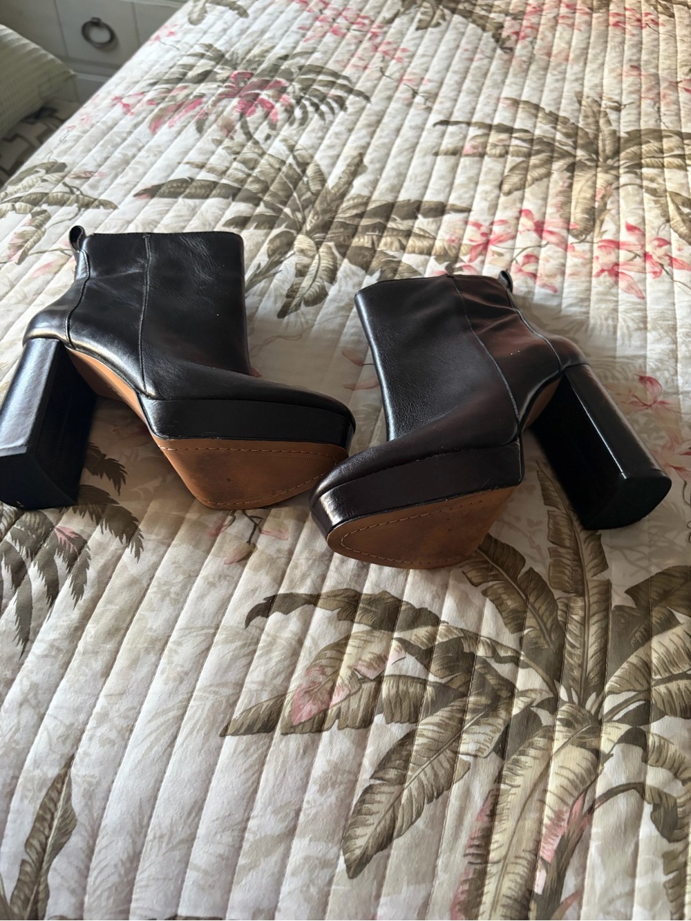 Vince Camuto Black Leather Platform Ankle Boots with Wood-Look Sole